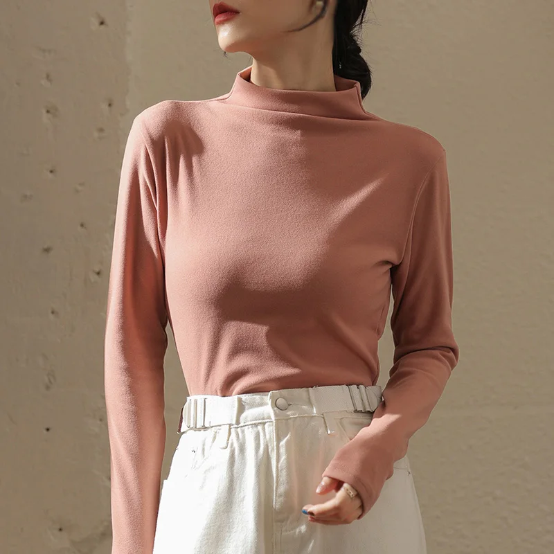 Women's Solid Color Half Turtleneck Long Slimming Bottoming T-shirt Sweet Casual Versatile Inner Outer Wearable Pullover Tops