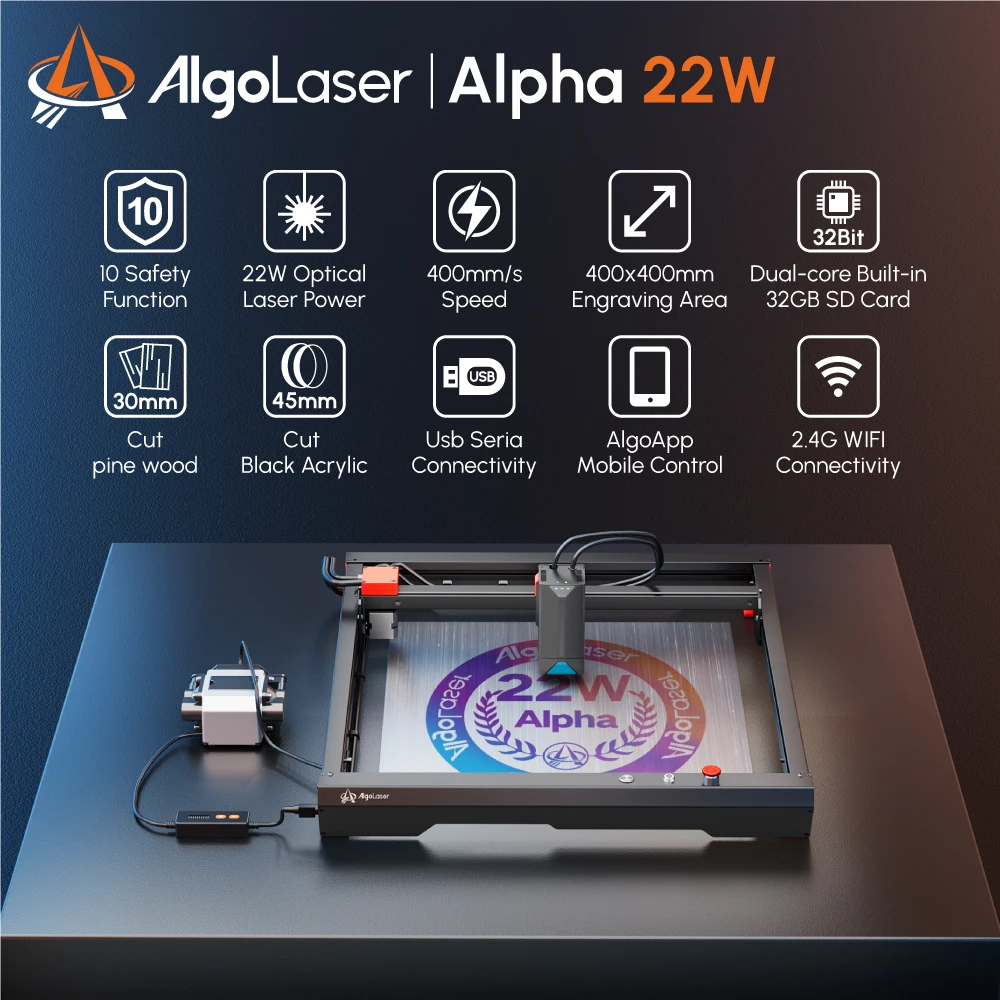 AlgoLaser Alpha 20W Laser Cutter Engraver 400mm/S Phone Offline 500+ Colorful Metal Ceramics DIY Lase Engraving Cutting Machine