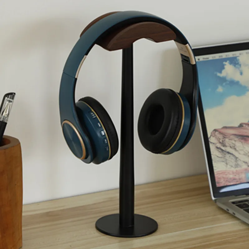 Design Headphone Stand Solid Wood Walnut Headphone Stand Over-Ear Hook Holder Desktop Display Rack Metal Storage Rack Curved