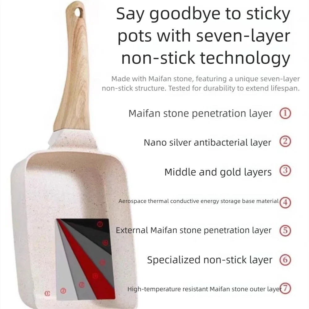 Heat-Resistant Nonstick Flat Pan Flat Surface Japanese Style Omelette Pan Nonstick Coating Wood Handle Griddle Pan Cooker