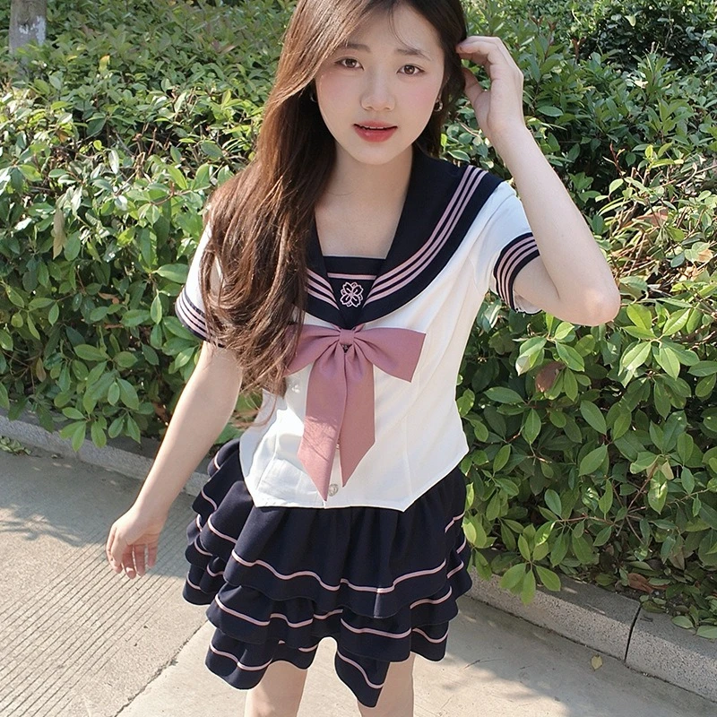 JK زي مدرسي البحرية طوق قصيرة الأكمام مطوي تنورة مجموعة الرغبة النقية اللون حجب الحلو لينة فتاة كلية نفخة الأكمام