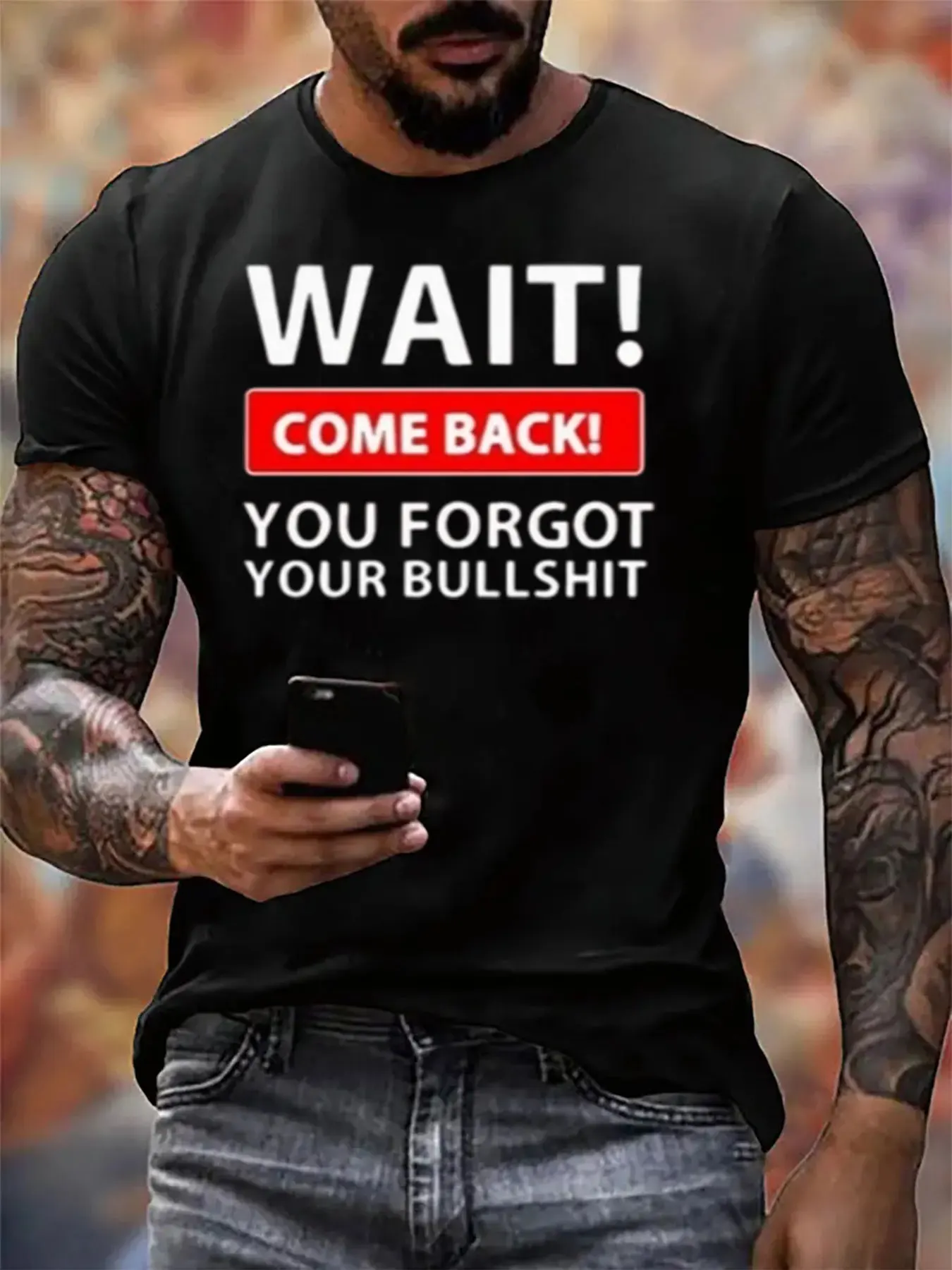 

Mens Trendy Bullshit Print T-Shirt - Stylish Round Neck, Short Sleeves, Regular Fit - Fashionable Tee for Spring & Summer Fun