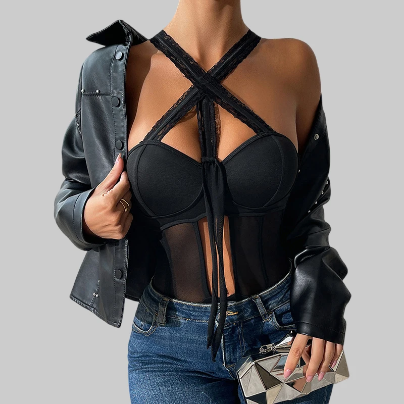 

Tornova Sexy Halter Bodysuit Cross Solid Color Lace Skinny Gather Together See-through Women Interesting Hot Hollow Bodysuit Set
