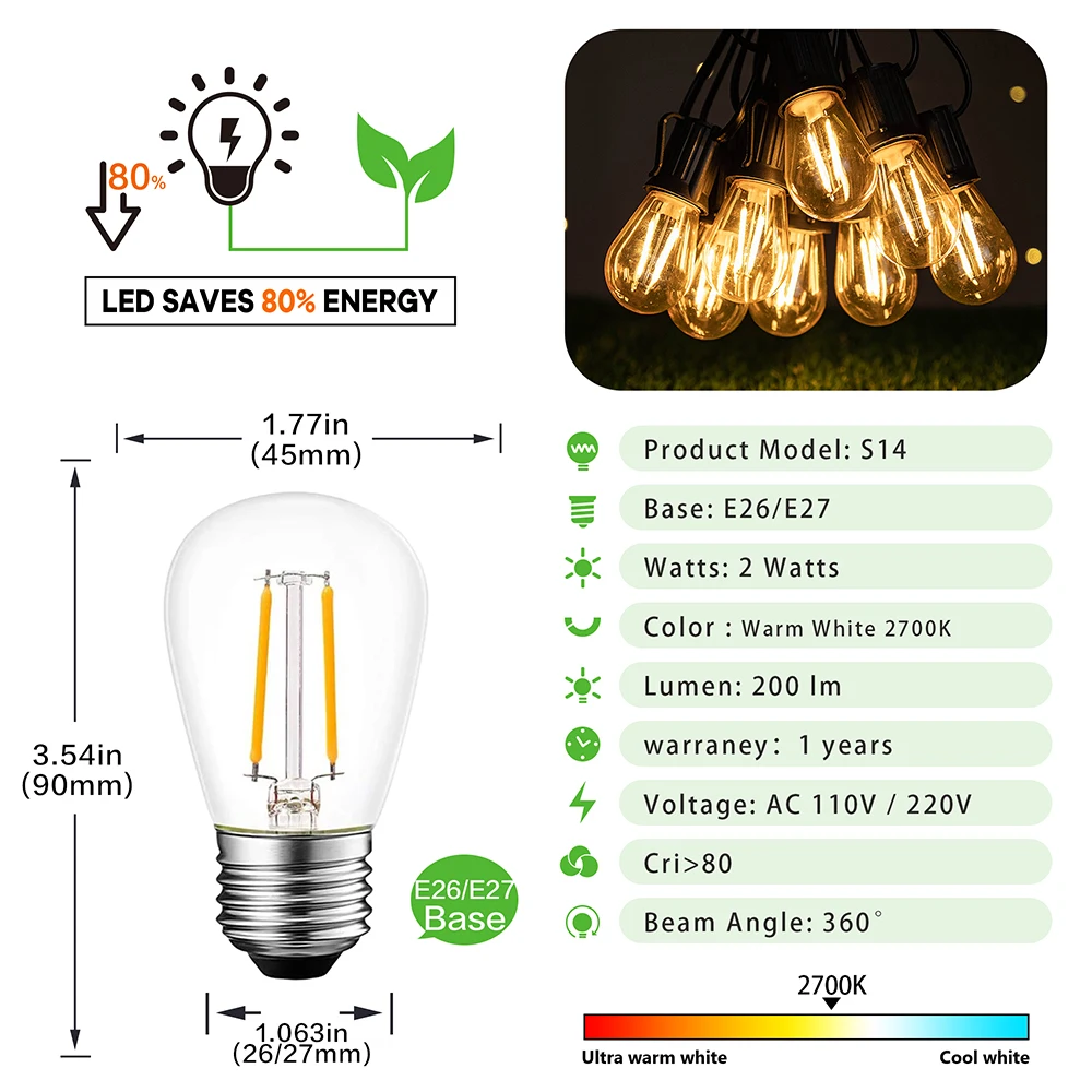 15Pcs S14 Plastic Vintage LED Light Bulbs E27 220V E26 220V 2W Warm White Shatterproof String Light Outdoor Wedding Decoration