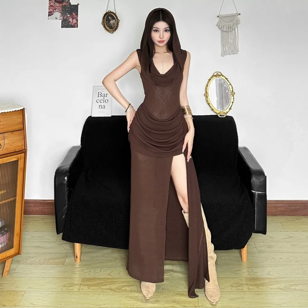 SylCue เซ็กซี่แฟชั่นแยกตาข่าย Patchwork Hooded ชุดผู้หญิงดูผ่าน Ruched Slim อเมริกันสไตล์วินเทจ Elegant ยาว Bodycon