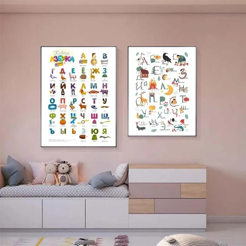 Russian ABC Alphabet Wall Art Poster Baby Nursery Animals Letter Canvas Painting Language Educational Picture Kids Room Decor