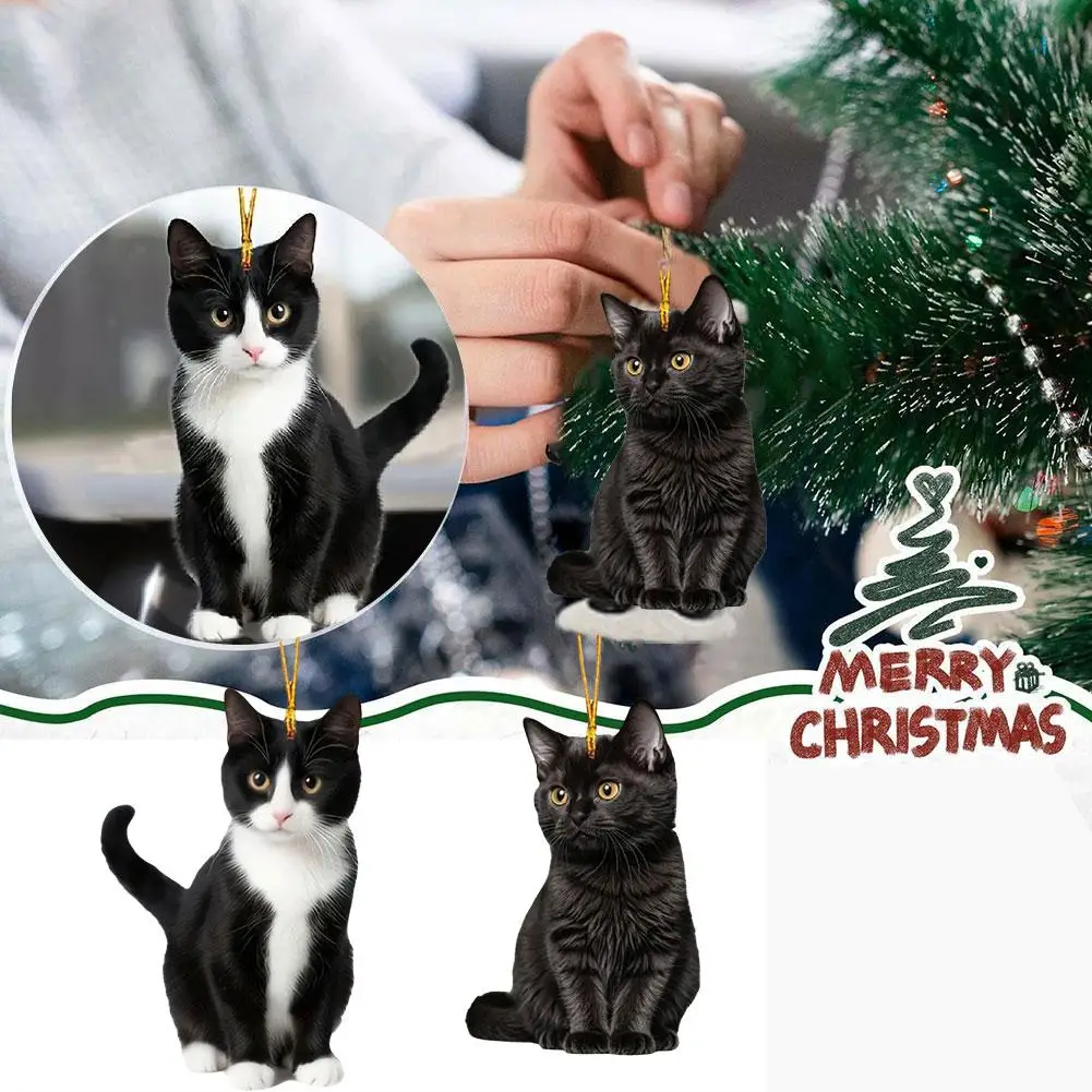 2D Acrylic Plush Black and White Cat Small Decorative Pendant for Car Rearview Mirror Decoration Pendant for Pet Enthusiasts