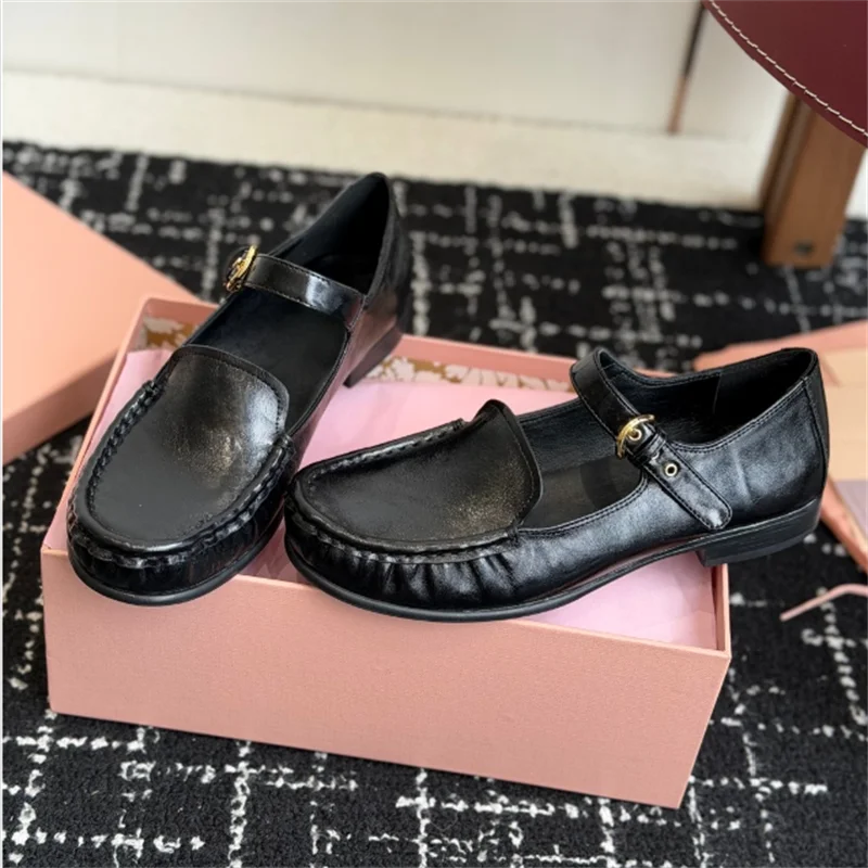 New Calf Leather Loafers with Mary Jane Style Design, Pleated Upper and Gold Buckle Leather Lining, Non-Slip and Wear-Resistant