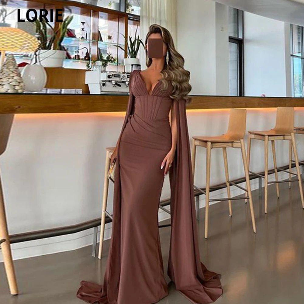 

LORIE Elegant Brown Mermaid Prom Dress Evening Dresses With Long Cape V-neck Pleat Satin Celebrity Dresses Clubbing Party Gowns