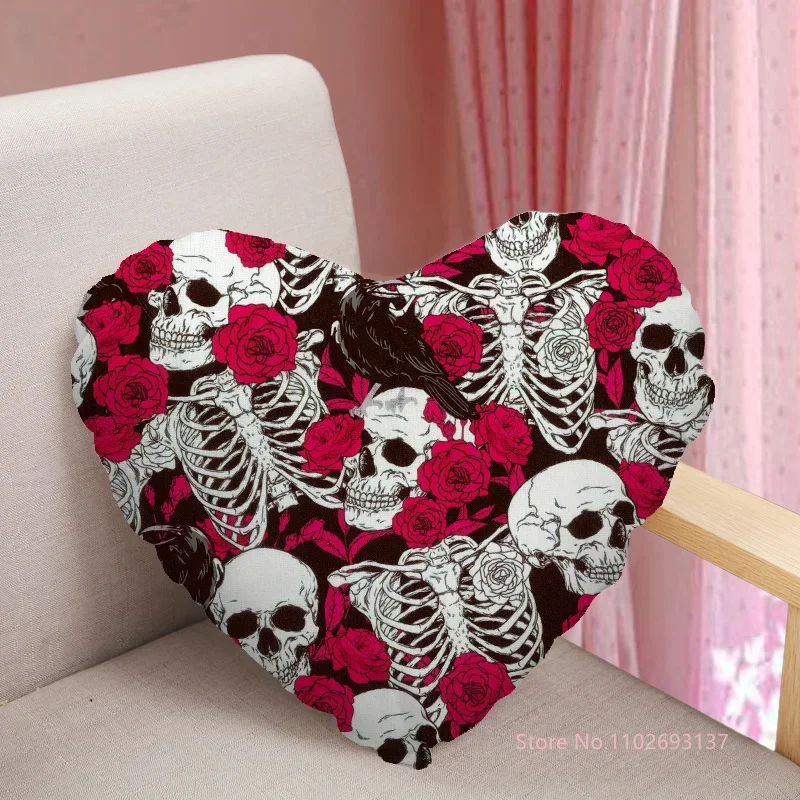 Skull Heart Shaped Pillow Case For Sofa, Custom Decorative Gift, Satin Fabric, Not Fade, Gothic Decoration, 41x36cm, 47x42cm