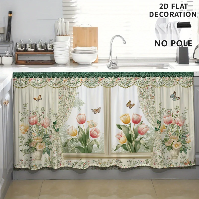 VIKAMA 2D Flat Tulip Butterfly Blocking Curtain Cabinet Washer Cabinet Dustproof and Concealing Curtain Home Decoration