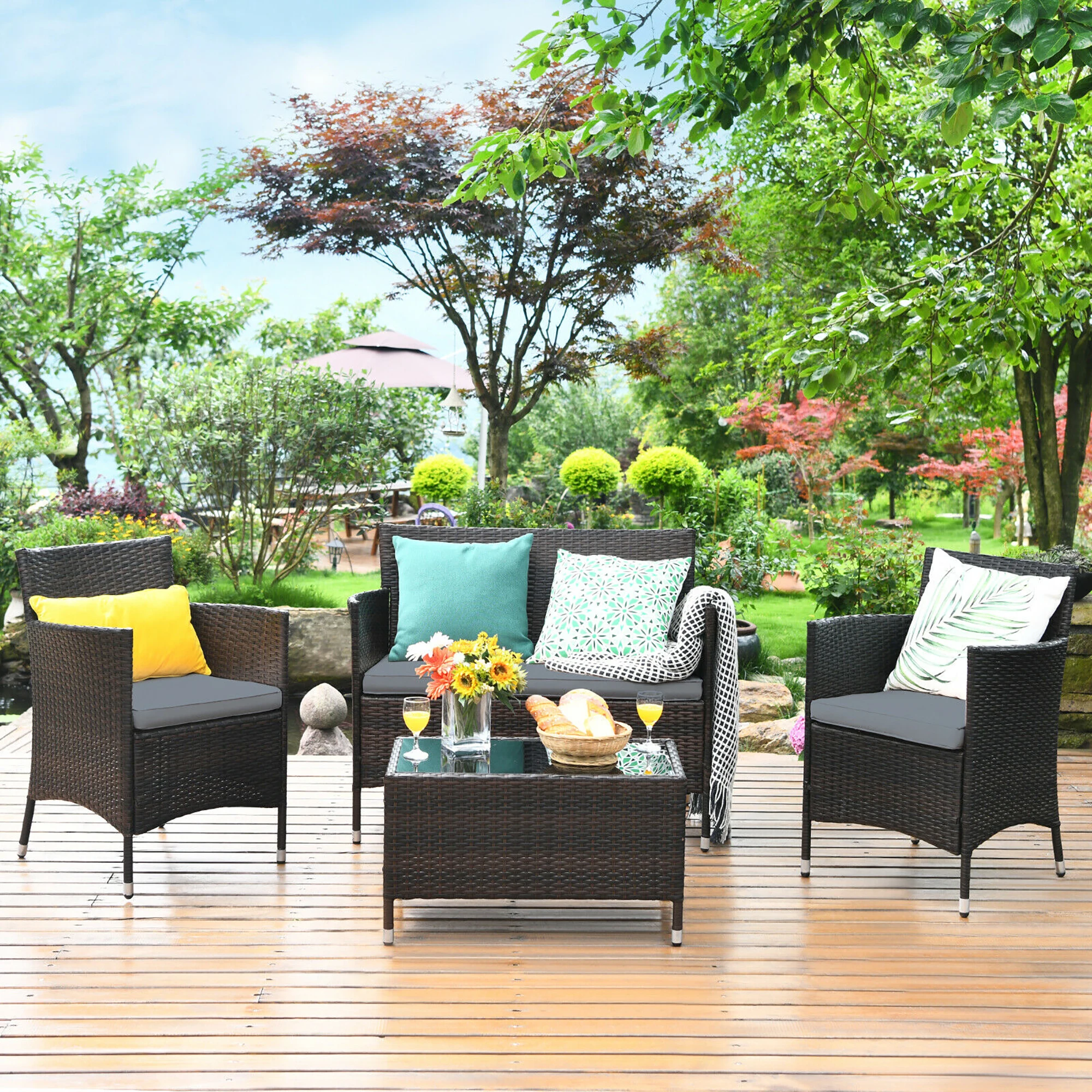 4PCS Rattan Patio Furniture Set Cushioned Sofa Chair Coffee Table Garden Grey