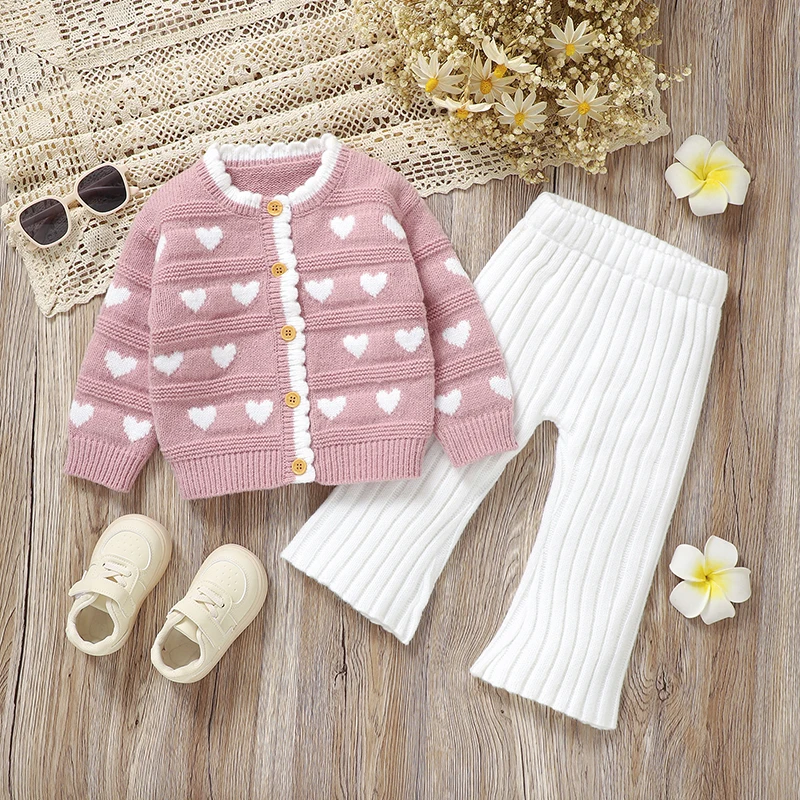 

Baby Clothes Sets Knitted Infant Girls Sweater Long Sleeve +Pants Autumn Newborn Children Cardigan Cute Loving+Trousers Fashion