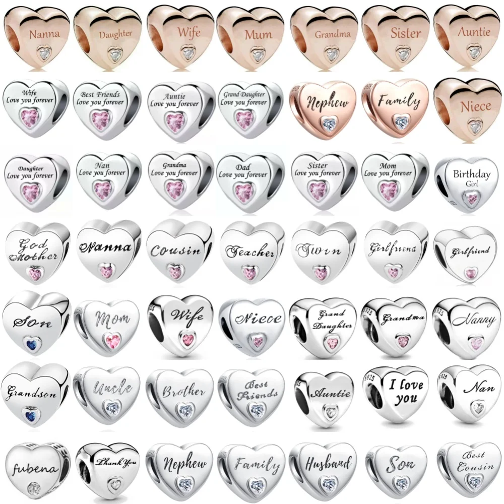 حار بيع S925 الفضة على شكل قلب مع حروف الأب ابنة الابن هدية عيد الأم مناسبة للأساور الأوروبية ذاتية الصنع