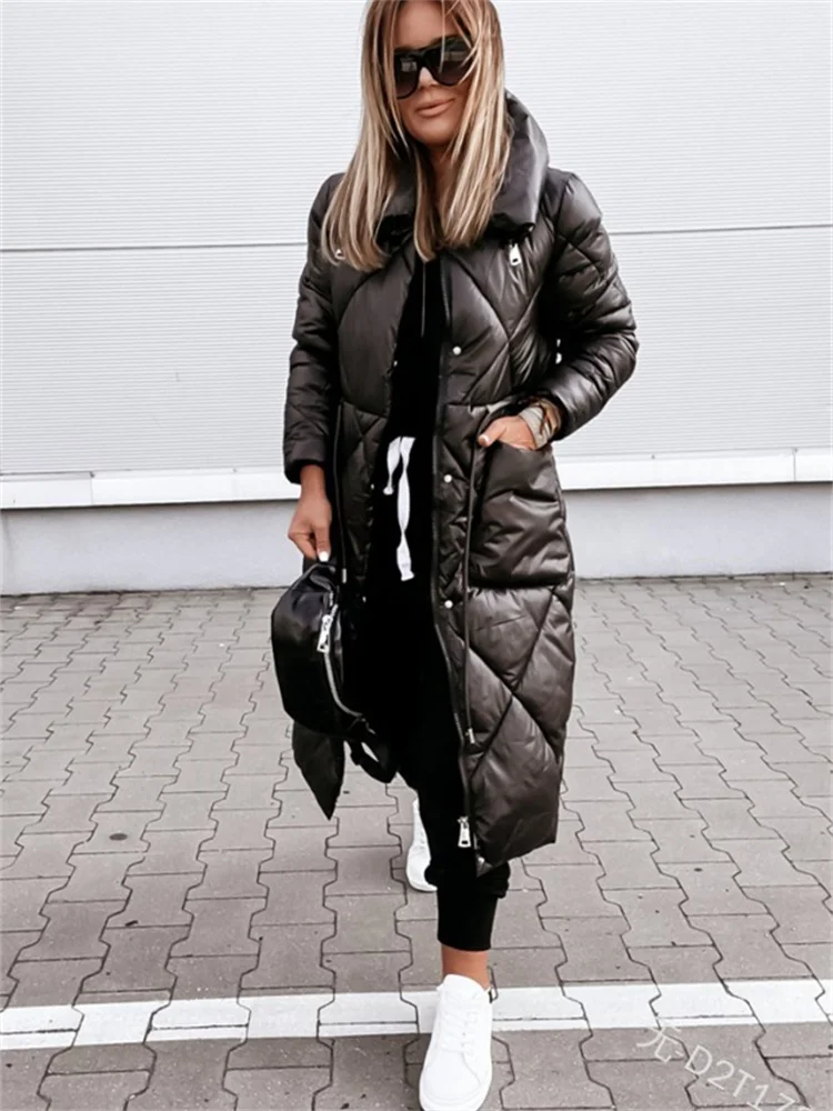 Wmstar Women Coat New Arrival Fashion High Street Winter Plus Size Lapel Long Sleeve Zippered Cotton Padded Long Warm Jacket