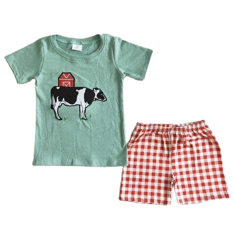 Baby Boy Summer Cow Farm Clothes Toddler Embroidery Green Shirt Top Children Red Plaid Shorts Kids Wholesale Infant Outfit Set