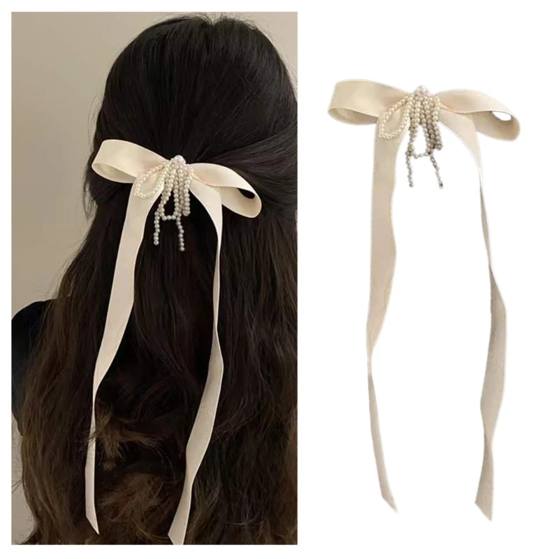 

Bows Hair Clip Long Hair Bows Satins Hair Pin Tassels Hair Ribbons with pearls for Women Girls Sweet Hairpin Accessories