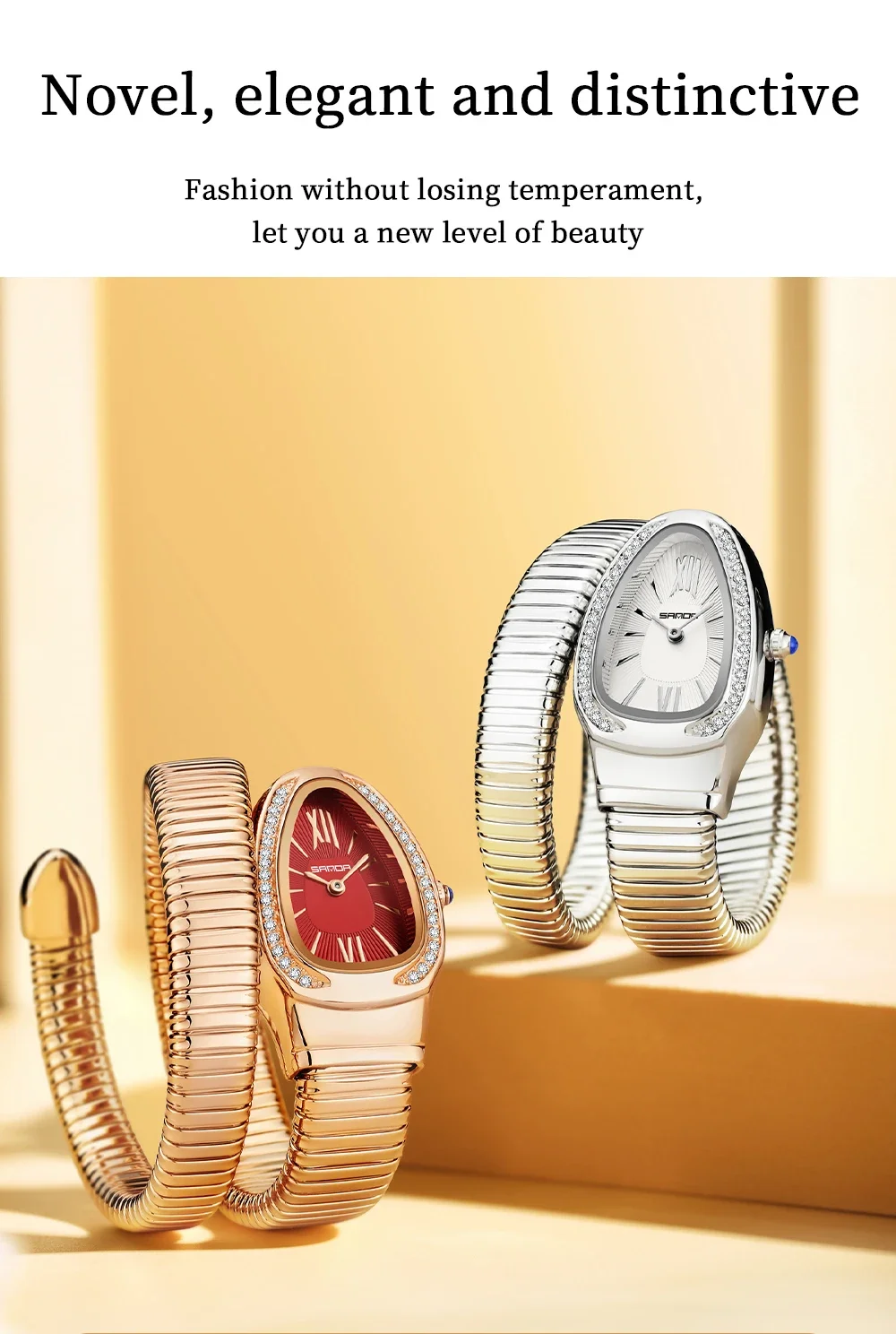 SANDA 1151 비즈니스 여성용 쿼츠 시계 뱀 모양 다이아몬드 인레이드 고급 여성 시계 레트로 경량 럭셔리 시계