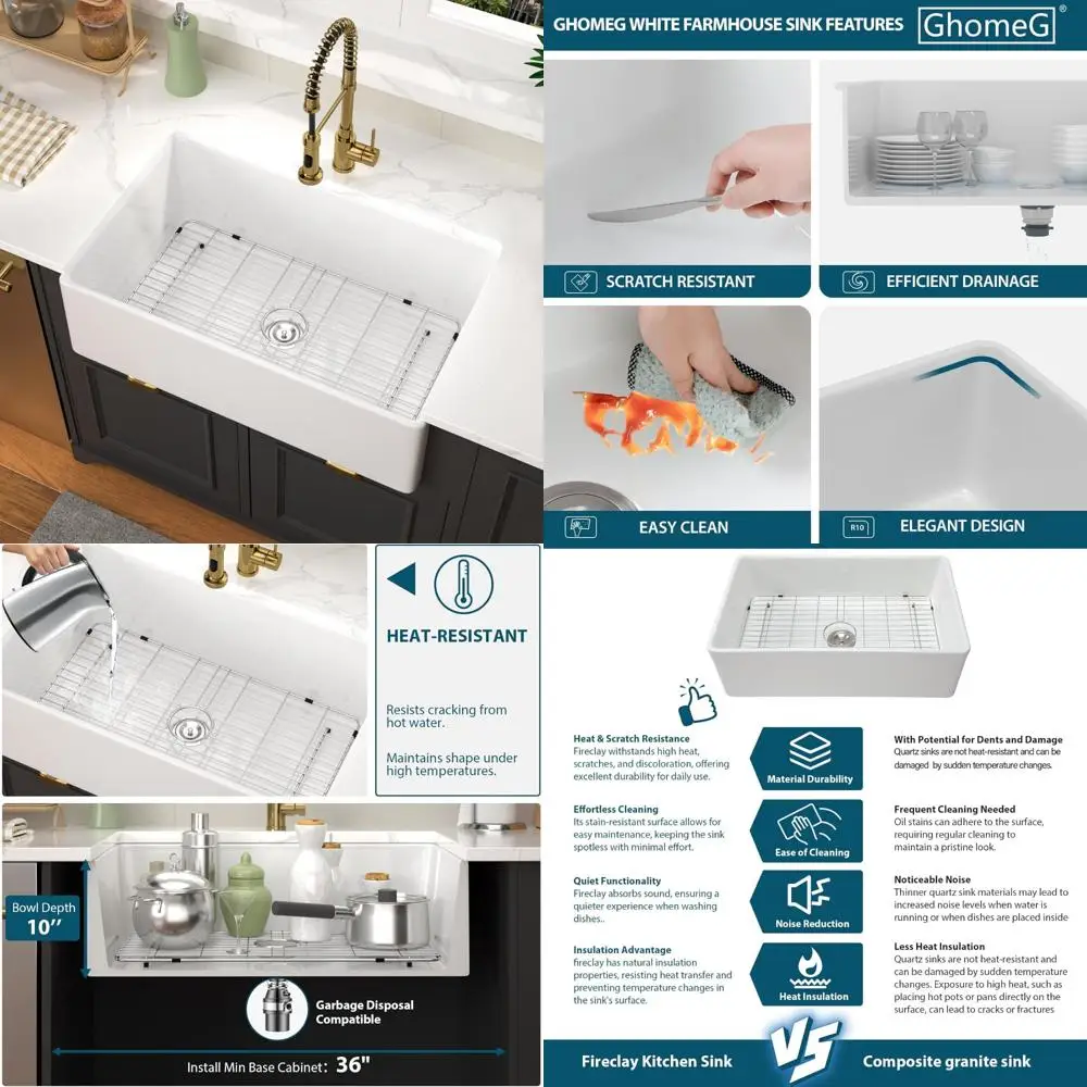 

Large White Porcelain Ceramic Farmhouse Sink 33x20x10 Inches - Country Style Apron Front Kitchen Sink with Large Capacity