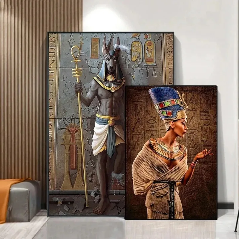 Home Decor Ancient Egypt Mural Painting 3d Art Posters Print Anubis Pharaoh And His Maiden Canvas Painting Living Room