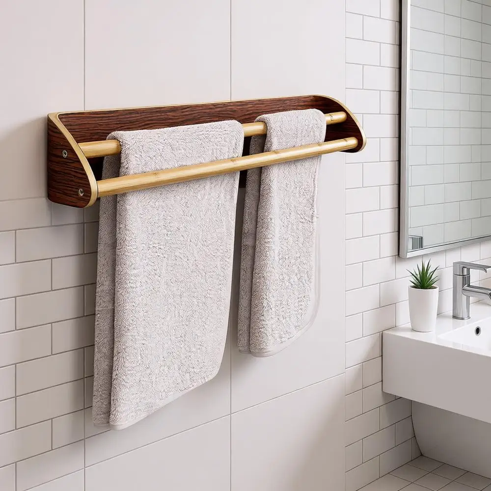 

Bamboo Double Towel Bar - Wall Mounted Dual Rack for Bathroom - Water-Resistant Bamboo Towel Holder