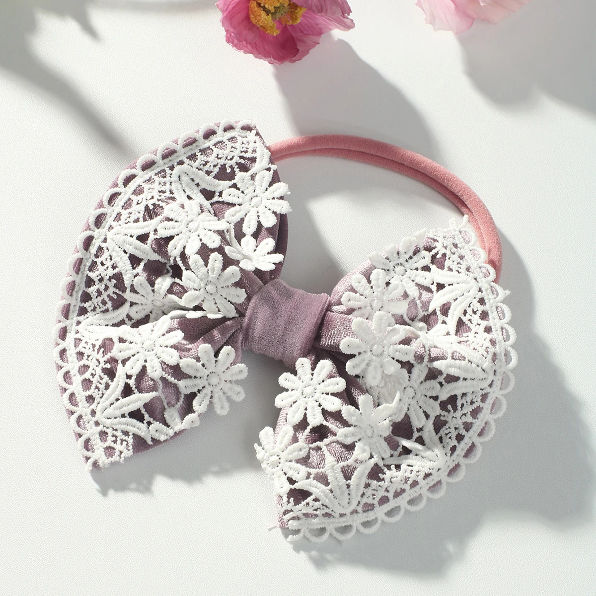 Ylsteed Newborn Girl Photography Outfit Baby Velvet Back Bowknot Lace Romper with Bow Headband Infant Photo Shooting Props