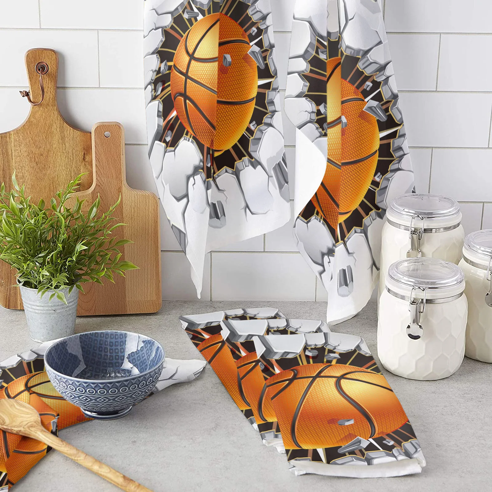 Basketball Wall Crack Microfiber Kitchen Hand Towel Dish Cloth Tableware Household Cleaning Towel Utensils for Kitchen