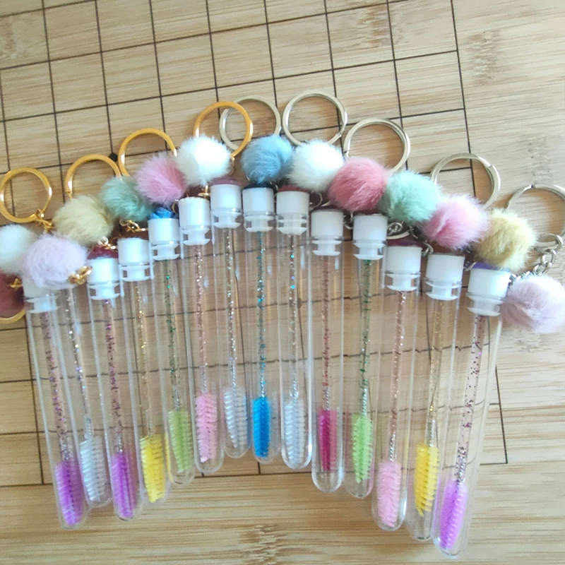 

100pcs Reusable Eyelash Brush Tube Keychain Plastic Portable Mini Lash Comb Spoolie Container Glitter Cils Mascara Wands Keyring