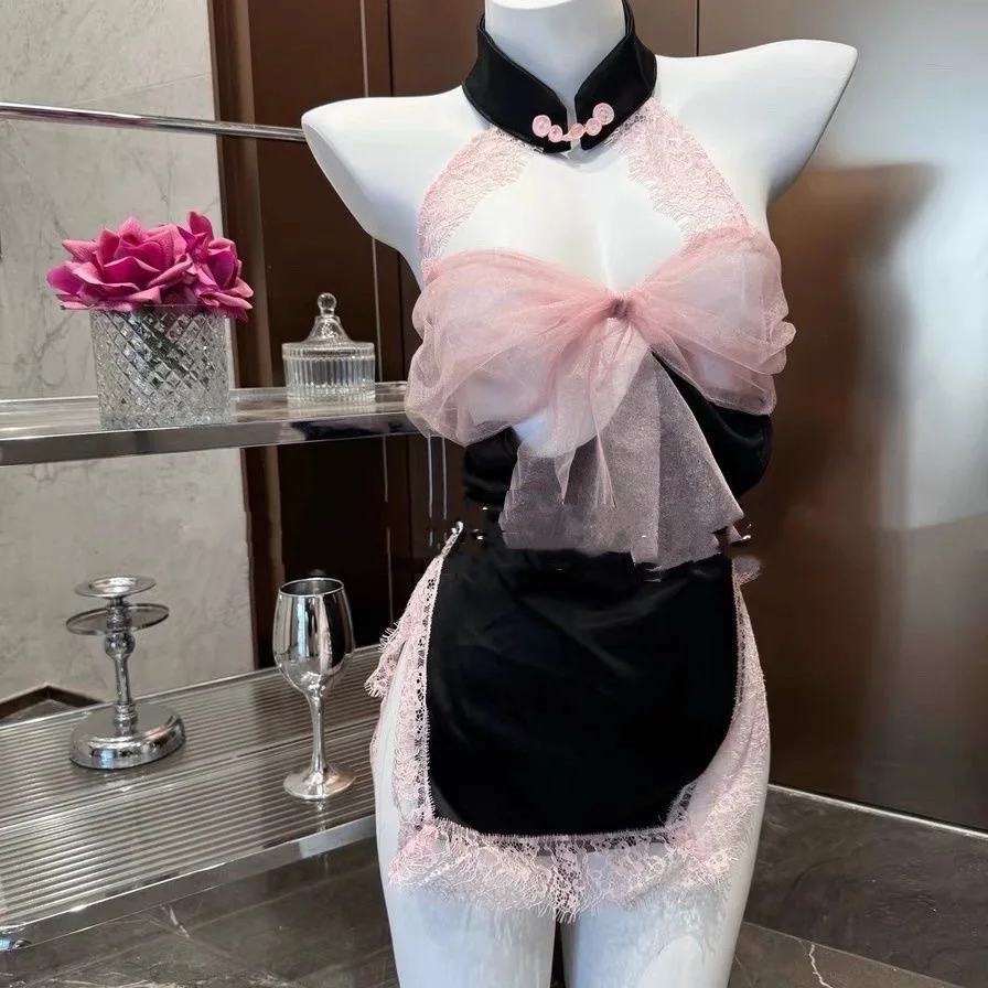 

1083 Sexy Lace Sleepwear Set for Women Cute Butterfly Bow Backless Mini Dress, Flirty Nightwear for Girls Lightweight Nightdress