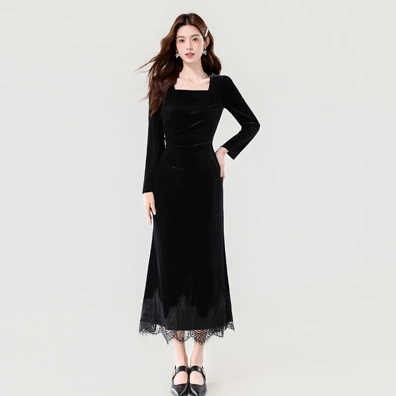 เดรสยาวแขนยาวผ้ากำมะหยี่สีดำ ปี 2025 แต่งลูกไม้เก๋ไก๋  ชุดราตรีหรูหราสง่างามสำหรับฤดูใบไม้ร่วงและฤดูหนาว  ชุดเดรสสไตล์วินเทจแบบเฮปเบิร์นสำหรับงานปาร์ตี้