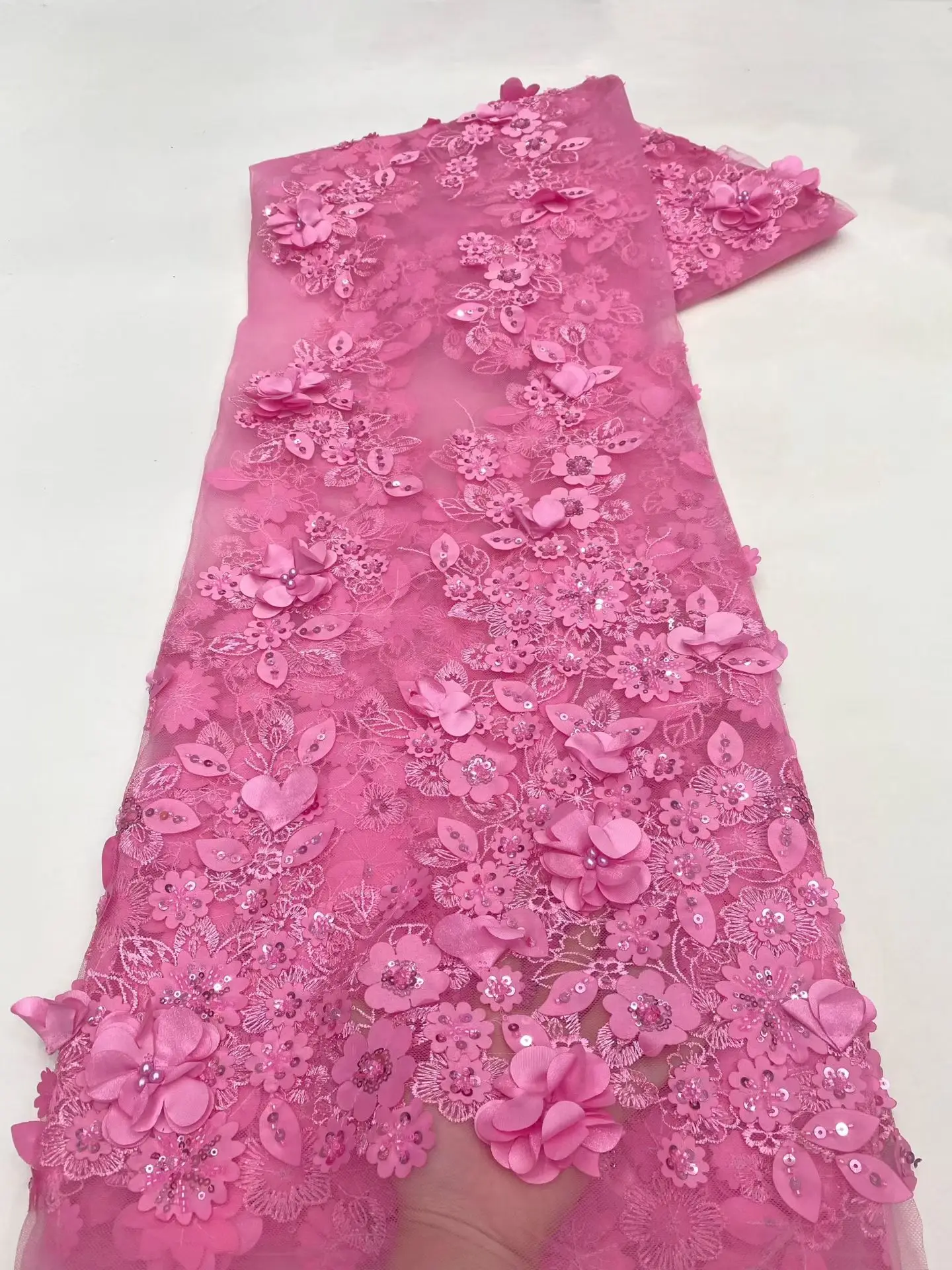 African 3D Flower Lace Fabric 2026 High Quality French Mesh Beaded Lace Fabric Nigerian Sequins Lace Fabrics For Wedding Dress view 2