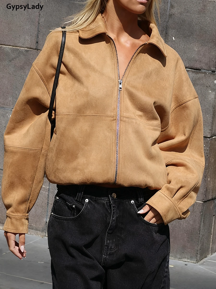 

Vintage Brown Suede Jacket Women Classic Zipper & Collar Design Loose Fit Trendy Oversized Retro Autumn/Winter Coat Outerwear