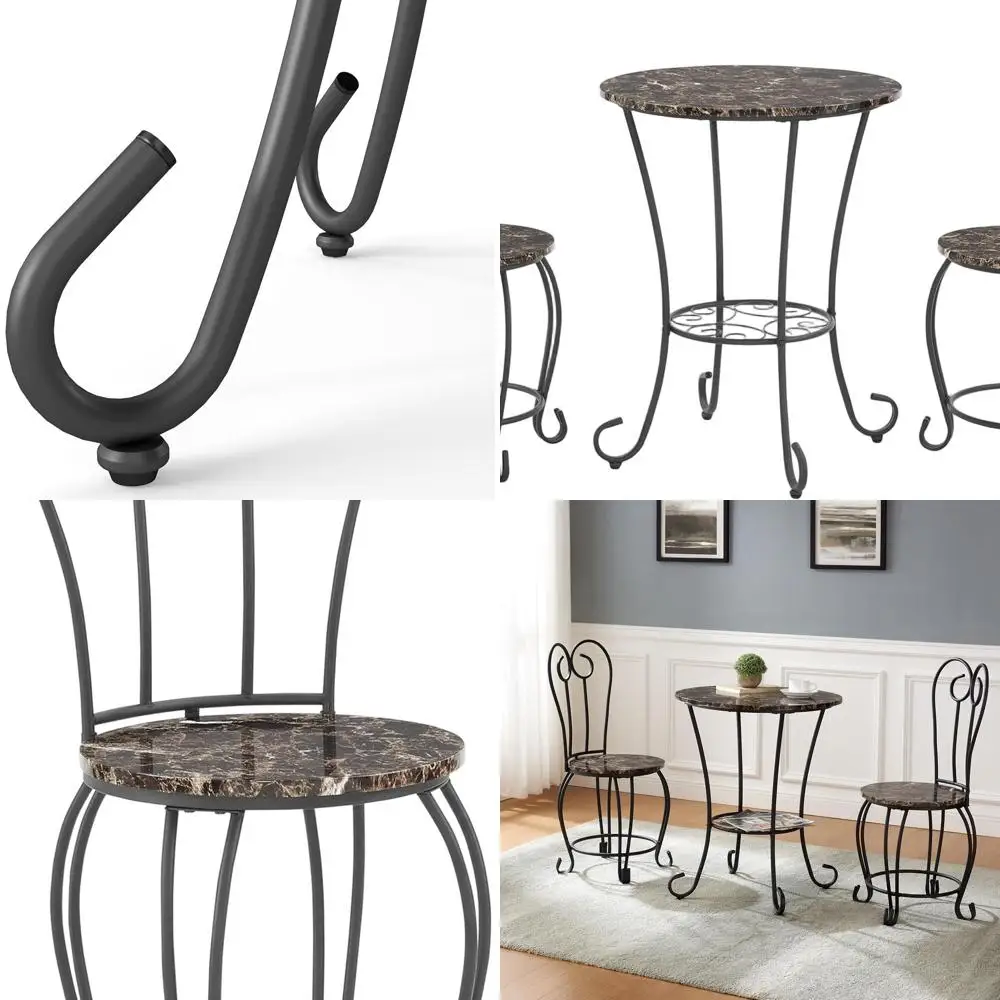 Set da bistrot da interno vintage in stile francese: tavolo rotondo in aspetto marmo con struttura dorata e sedie marroni