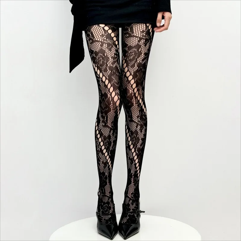 Amerikanische Vintage Bedruckte Twill Netzstrümpfe Y2K Subkultur Schwarze Transparente Strumpfhosen Damen Nachtclub Sexy Netzstrumpfhose
