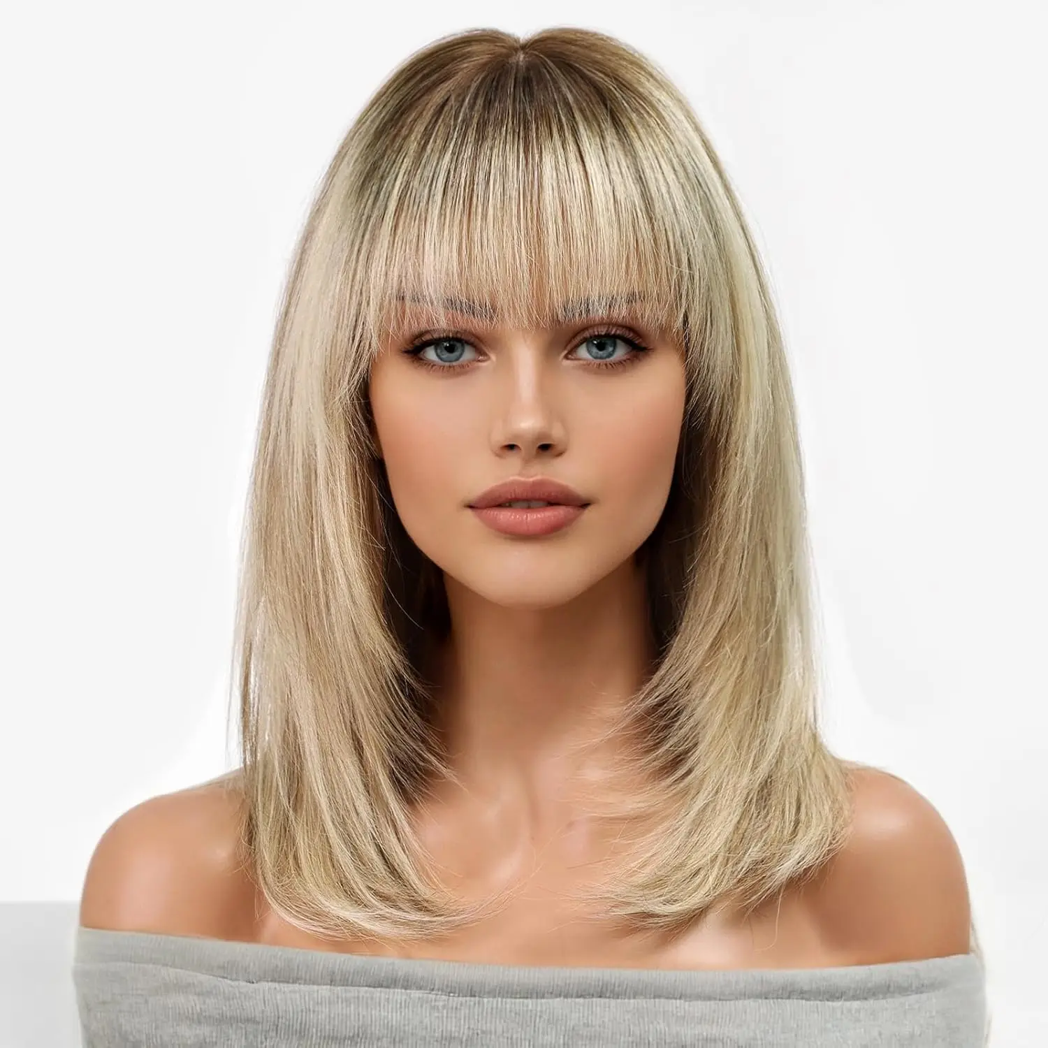 16 Inch Ombre Blonde Brown Human Hair Wigs For Women,Layered Straight Hair Wig With Bangs,Wear Natural Realism