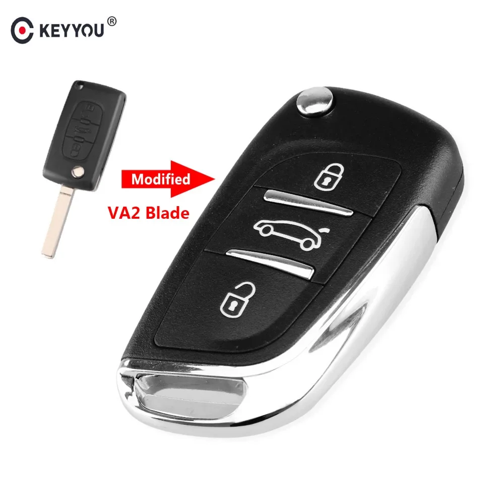 KEYYOU Modified Flip Car Key Shell Remote Key Case 3 Button Fob For Peugeot 207 307 407 CE0536 VA2 blade With Logo