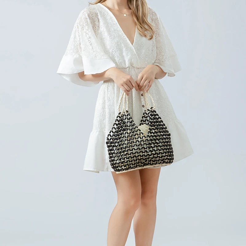 New Retro Versatile Summer Vacation Handheld Simple Casual Handwoven Wooden Bead Handbag Women's Shoulder Bags Water Bucket Bag