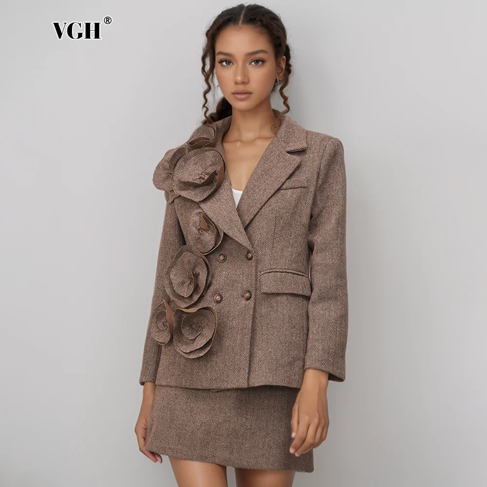 VGH Solid Elegant Patchwork Appliques Chic Blazers For Women Notched Collar Long Sleeve Spliced Pocket Temperament Blazer Female