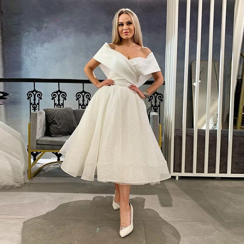 

Glitter A-Line Short Wedding Dresses Off the Shoulder Sweetheart Sleeves Midi Tea Length Bridal Party Gowns Formal Dress