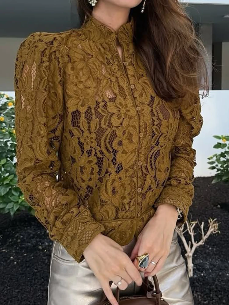 

Hollow Out Long Sleeve Chic Blouses, Women Spring Autumn See Through Fashion Tops, New Stand Collar Lace Patchwork Ladies Shirts