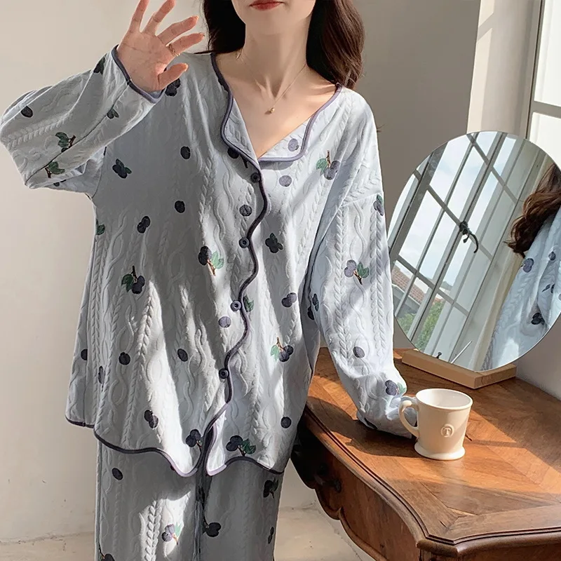 New Women\'s Cotton Pajamas Homewear Ms. Korean Version of The Long-sleeved Cardigan Court Cute Sweet Can Be Worn Outside Pajamas