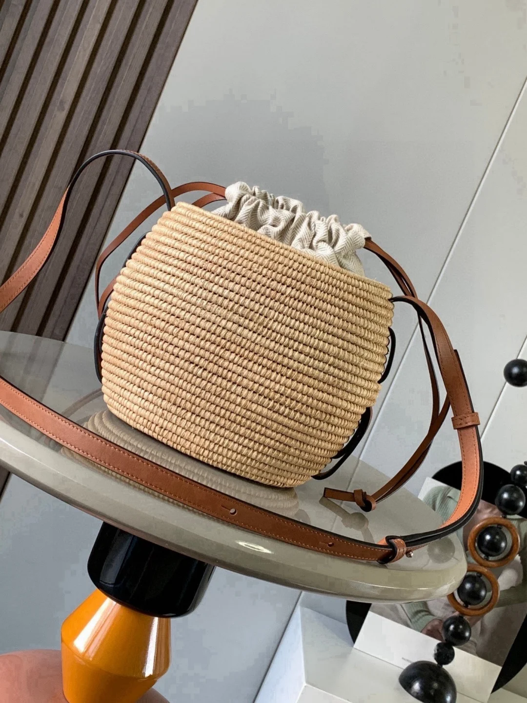 

Handmade Raffia and Leather Honeycomb Weave Bag Decorative Embroidery Drawstring Inner Pouch Crossbody Shoulder Handbag