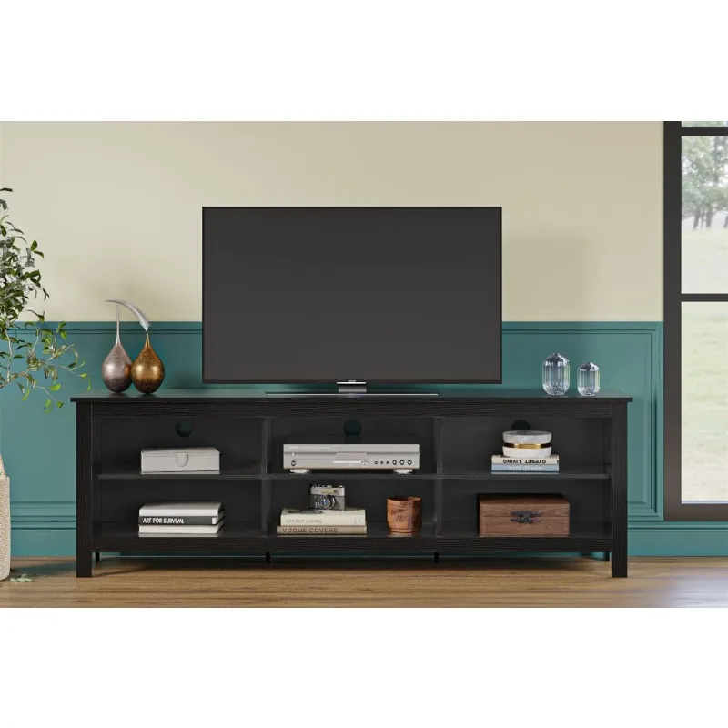 حامل تلفزيون 6 حجرة حوامل تلفزيون خزانة 6 تخزين وسائط مفتوحة لأجهزة التلفاز حتى 80 بوصة، (70 بوصة أسود)