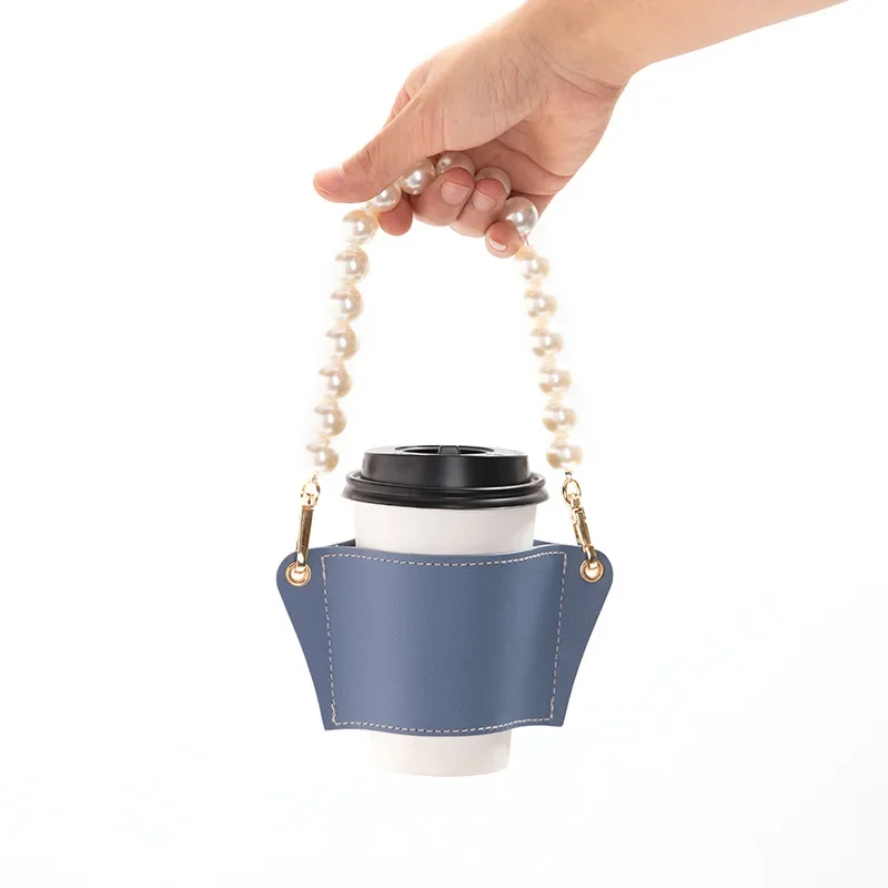 Removable Pearl Chain Cup Holder PU Leather Travel Eco-friendly Drink Case Bag Coffee  Bottle Covers Insulated Tea Cup Holder