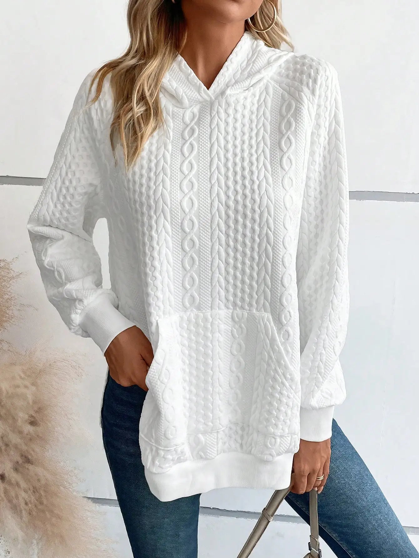 2024 New Solid Color Casual Versatile Slits on Both Sides White Sweatshirt for Women