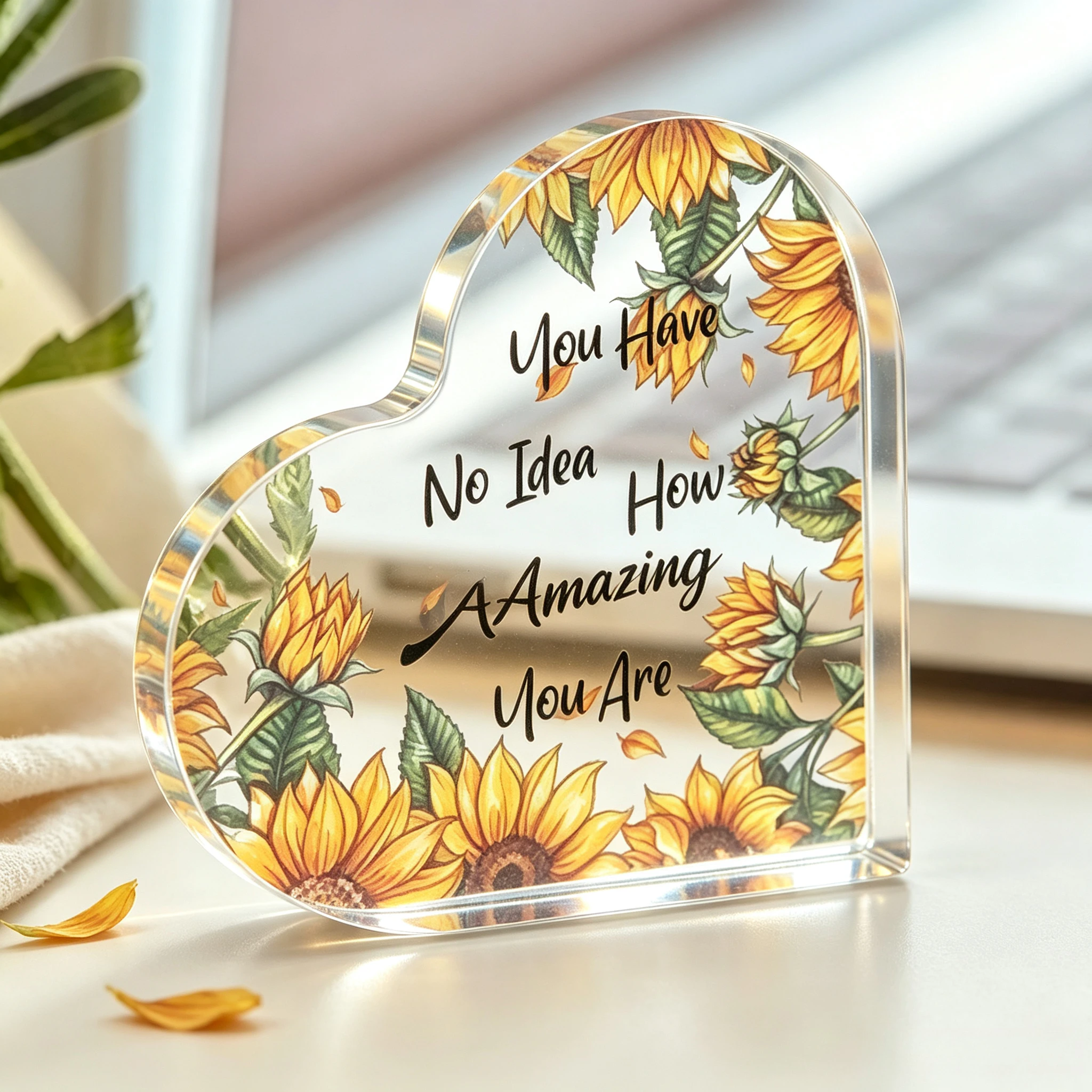 Positive Encouragement Heart Acrylic Stand, Watercolor Sunflower Motivational Quote Shelf Ornament