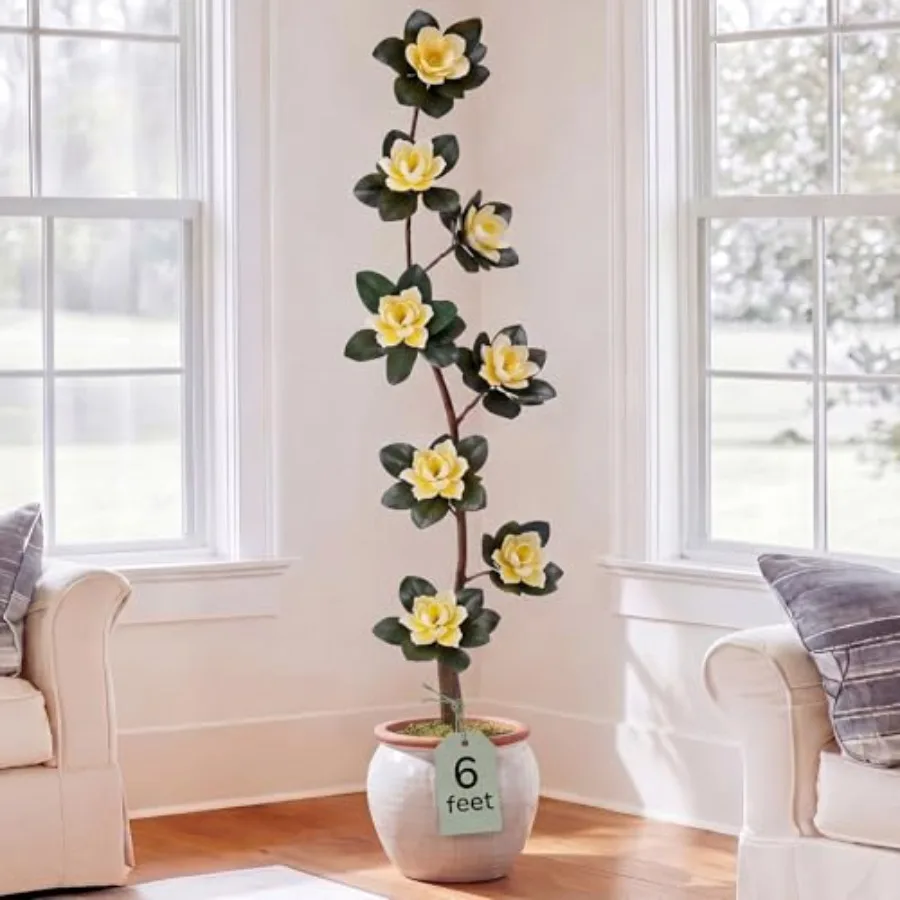 

Indoor living room and office decor: 6 ft artificial rubber tree with 8 magnolia flowers in pot, extra tall faux magnolia tree