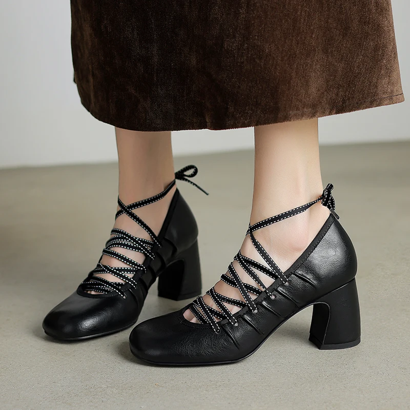 

Женские туфли-лодочки из натуральной кожи на высоком каблуке, модные балетки с квадратным носком, универсальные повседневные модельные туфли, женские туфли Мэри Джейн в стиле ретро