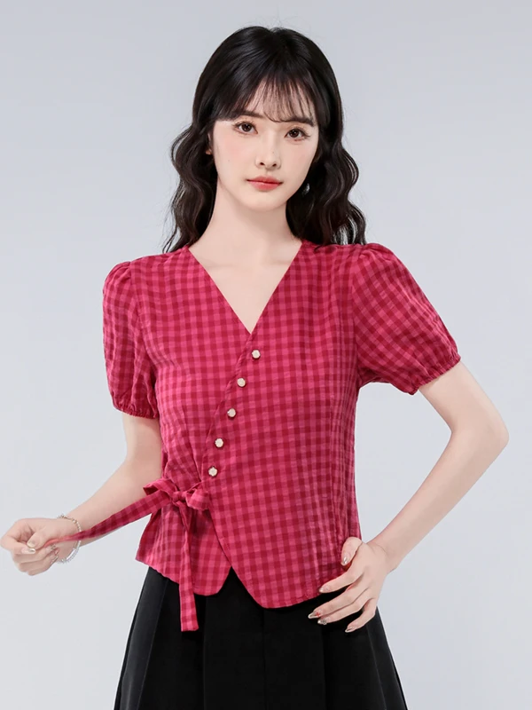 Summer New Women's Short Sleeve Shirt Dragon Fruit Color Checkered V-Neck Irregular  Knot Regular Shoulder Fit Cotton view 2