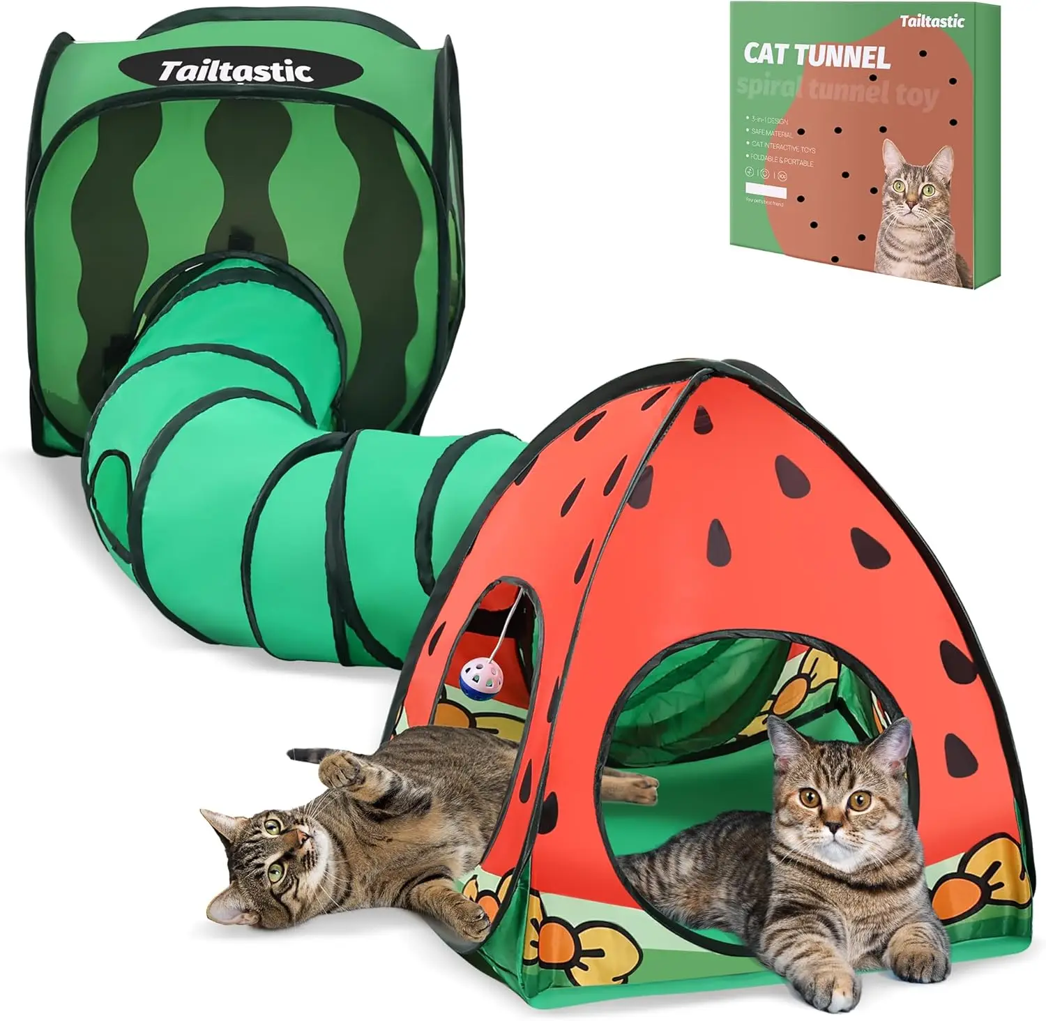 

3-in-1 Watermelon Cat Play Tunnel with Pop-Up Cube & Triangle Tent, Interactive Toy Ball & Foldable Design for Indoor Cats